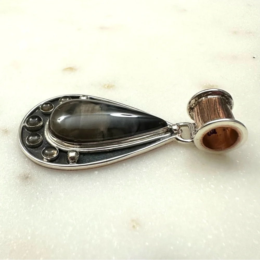 Jay King Sterling Silver & Copper Teardrop Agate with Smokey Quartz Pendant